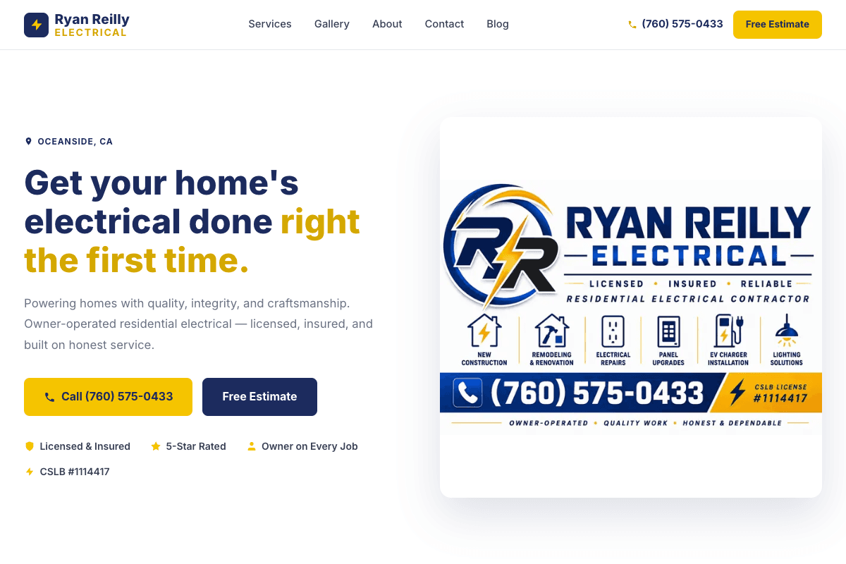 Ryan Reilly Electrical – website built by Website Builders America
