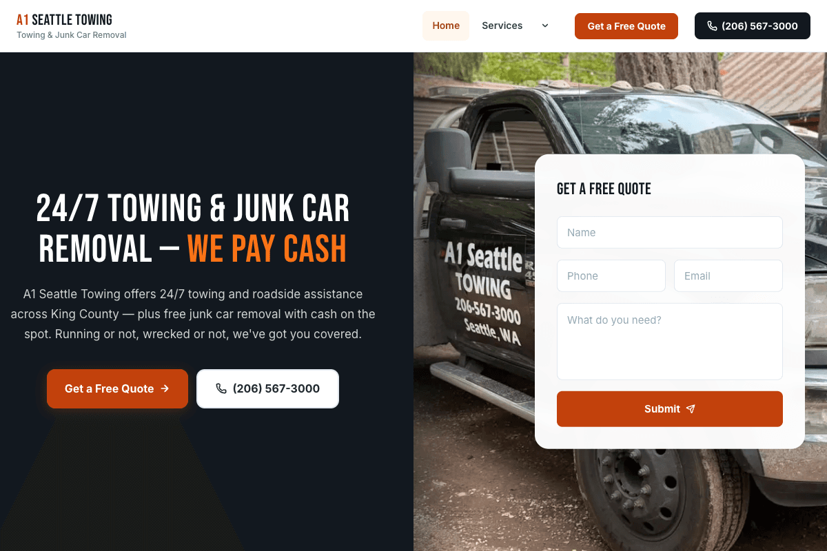 A1 Seattle Towing – website built by Website Builders America
