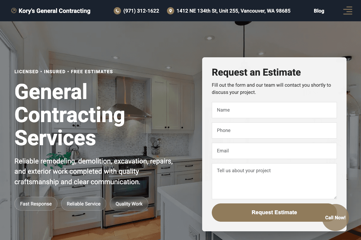 Kory's General Contracting Services – website built by Website Builders America