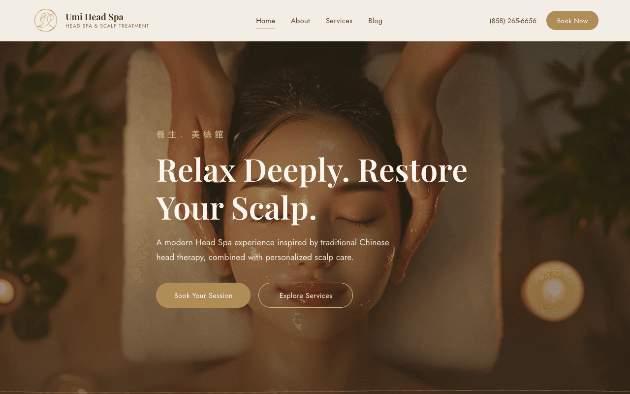 Umi Head Spa – website built by Website Builders America